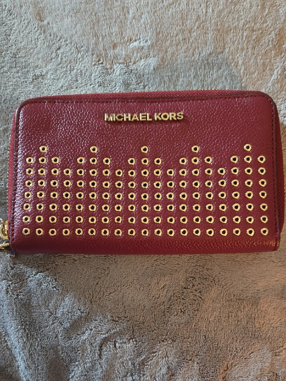 EUC Michael Kors Red Leather Zip Wallet with Gold Eyelet Accents